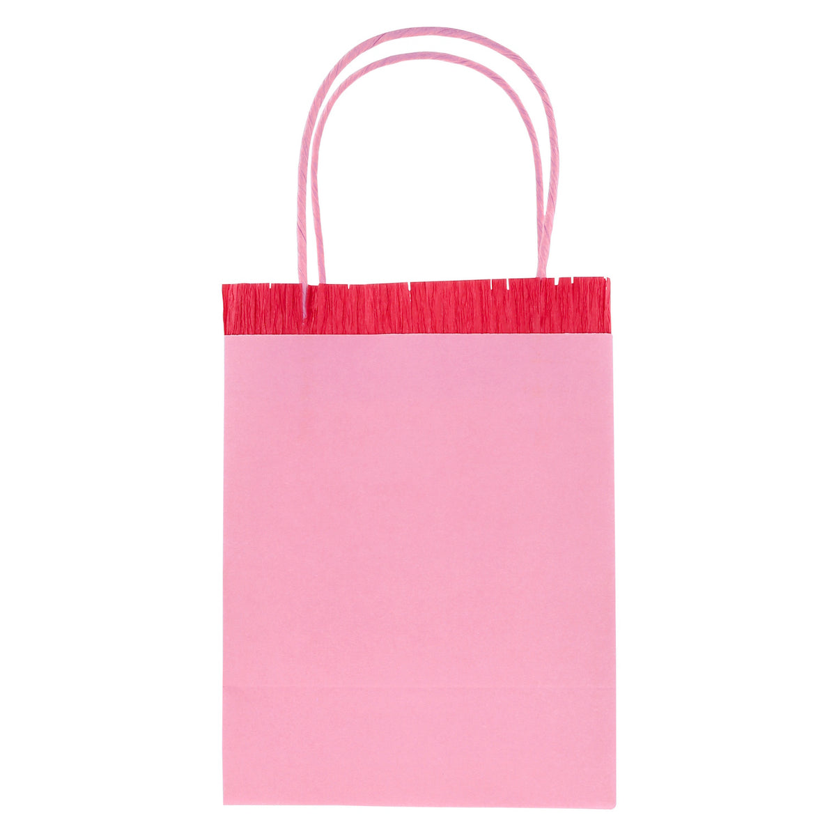 Pink Meri Meri party bag with red fringe detail and pink paper handles, isolated on white background.