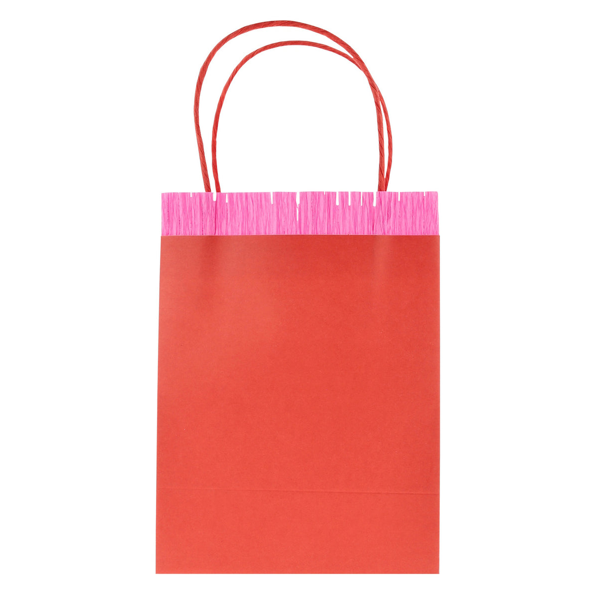 Red paper party gift bag with pink fringed trim and red twine handles on a white background.