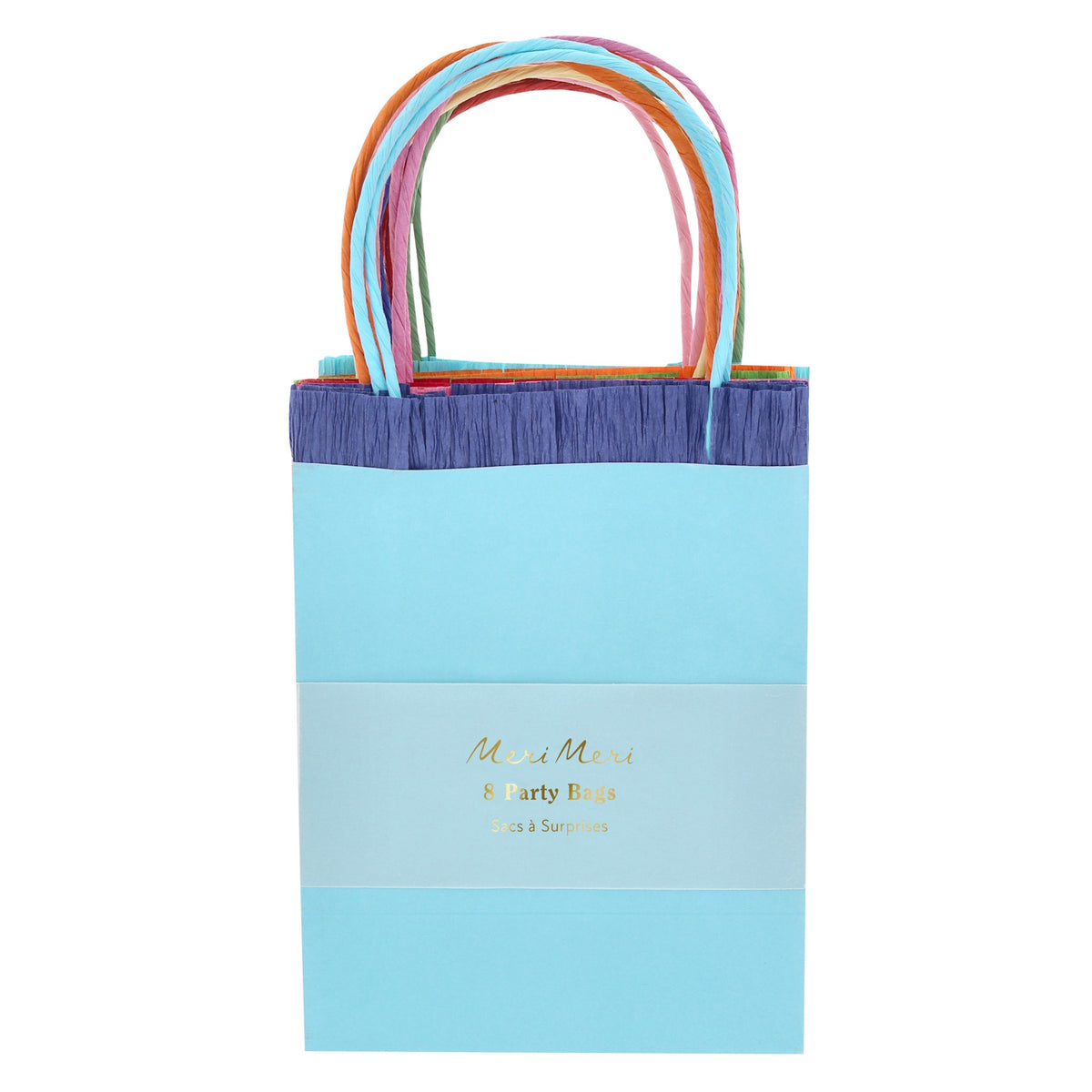 Meri Meri bright fringed party bags with colorful handles and blue crepe paper trim, pack of 8 favor bags.