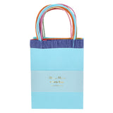 Meri Meri bright fringed party bags with colorful handles and blue crepe paper trim, pack of 8 favor bags.