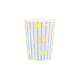 Meri Meri bright star Happy Birthday paper cup with blue and white stripes, yellow stars, and gold foil lettering.