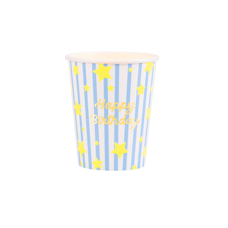 Meri Meri bright star Happy Birthday paper cup with blue and white stripes, yellow stars, and gold foil lettering.