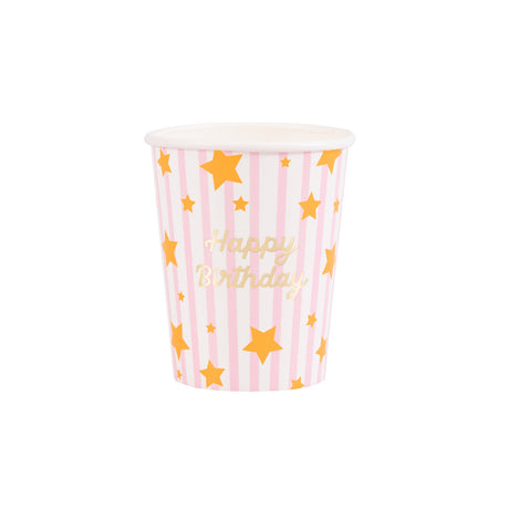 Meri Meri pink striped Happy Birthday paper cup with gold foil stars and script on a white background.