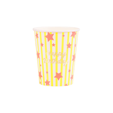 Meri Meri Bright Star Happy Birthday party cup with yellow stripes, pink stars, and gold foil text on a white background.