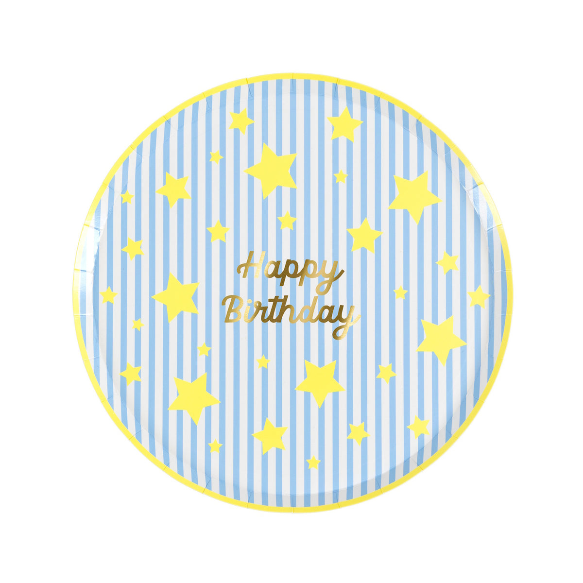 Meri Meri Happy Birthday paper plate with blue and white stripes, yellow stars, and gold foil text on a white background.