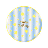 Meri Meri Happy Birthday paper plate with blue and white stripes, yellow stars, and gold foil text on a white background.