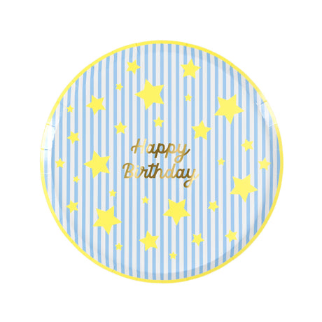 Meri Meri Happy Birthday paper plate with blue and white stripes, yellow stars, and gold foil text on a white background.