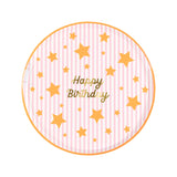 Meri Meri Happy Birthday paper plate with pink stripes, gold stars, and gold foil "Happy Birthday" text.