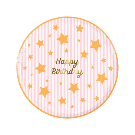 Meri Meri Happy Birthday paper plate with pink stripes, gold stars, and gold foil "Happy Birthday" text.