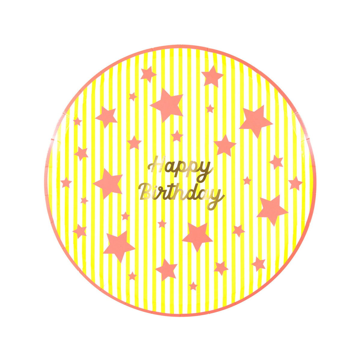 Meri Meri Bright Star Happy Birthday side plate with yellow stripes and pink stars. High-quality paper party tableware.