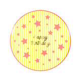 Meri Meri Bright Star Happy Birthday side plate with yellow stripes and pink stars. High-quality paper party tableware.