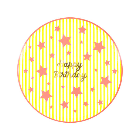 Meri Meri Bright Star Happy Birthday side plate with yellow stripes and pink stars. High-quality paper party tableware.