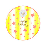Meri Meri Happy Birthday star side plates with yellow stripes and gold foil script. Eight assorted paper party plates.