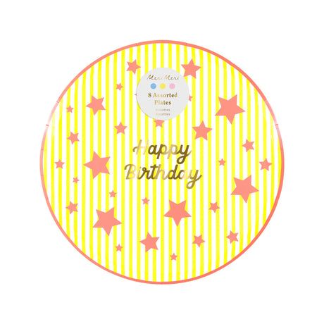 Meri Meri Happy Birthday star side plates with yellow stripes and gold foil script. Eight assorted paper party plates.
