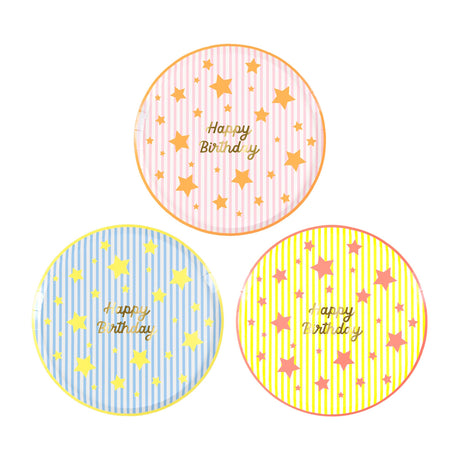 Meri Meri Bright Star Happy Birthday paper side plates in pink, blue, and yellow with gold foil stars and lettering.