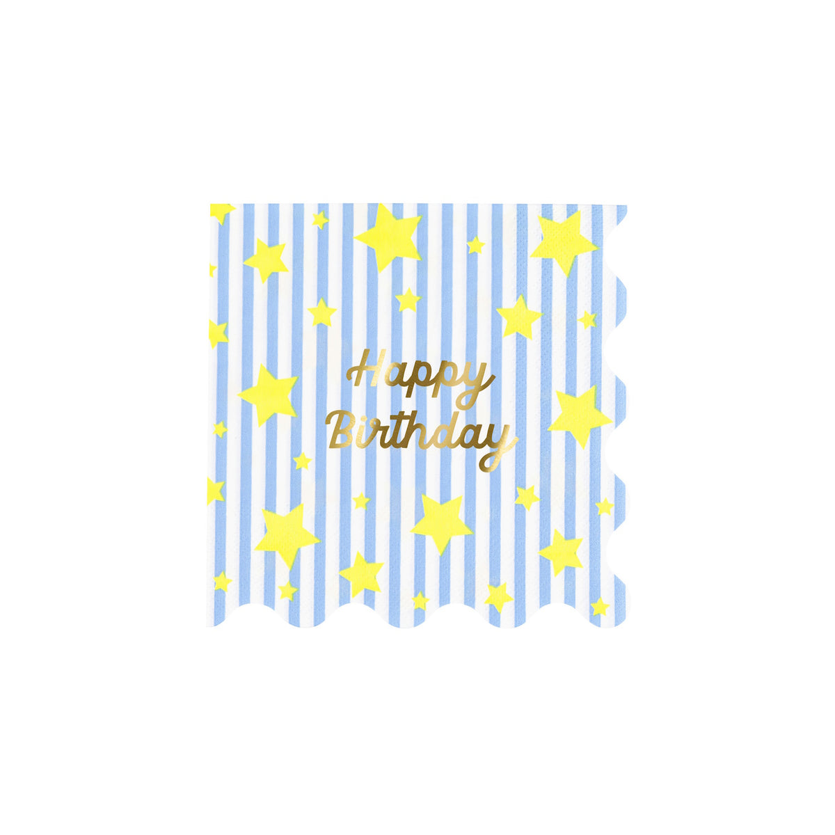 Meri Meri blue striped Happy Birthday napkin with yellow stars and gold foil script on a white background.