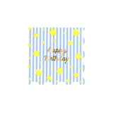 Meri Meri blue striped Happy Birthday napkin with yellow stars and gold foil script on a white background.