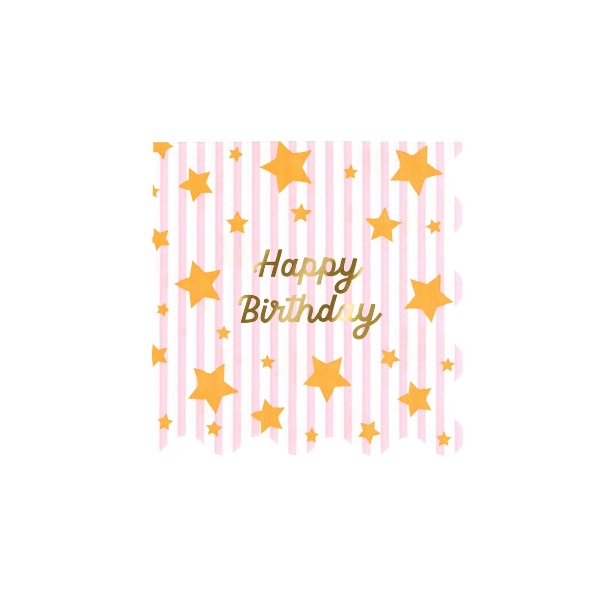 Meri Meri Happy Birthday napkins with pink stripes, gold foil stars, and a scalloped edge.