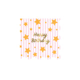 Meri Meri Happy Birthday napkins with pink stripes, gold foil stars, and a scalloped edge.