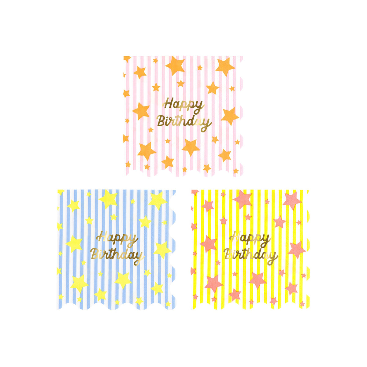Meri Meri Bright Star Happy Birthday napkins in pink, blue, and yellow with gold foil stars and scalloped edges.