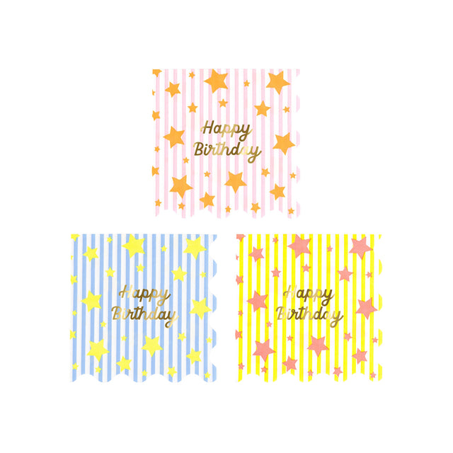 Meri Meri Bright Star Happy Birthday napkins in pink, blue, and yellow with gold foil stars and scalloped edges.