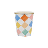 Meri Meri colorful harlequin pattern paper cup with gold foil rim on a white background.