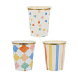 Meri Meri colorful pattern paper cups with gold foil rims featuring polka dots, diamonds, and stripes for parties.