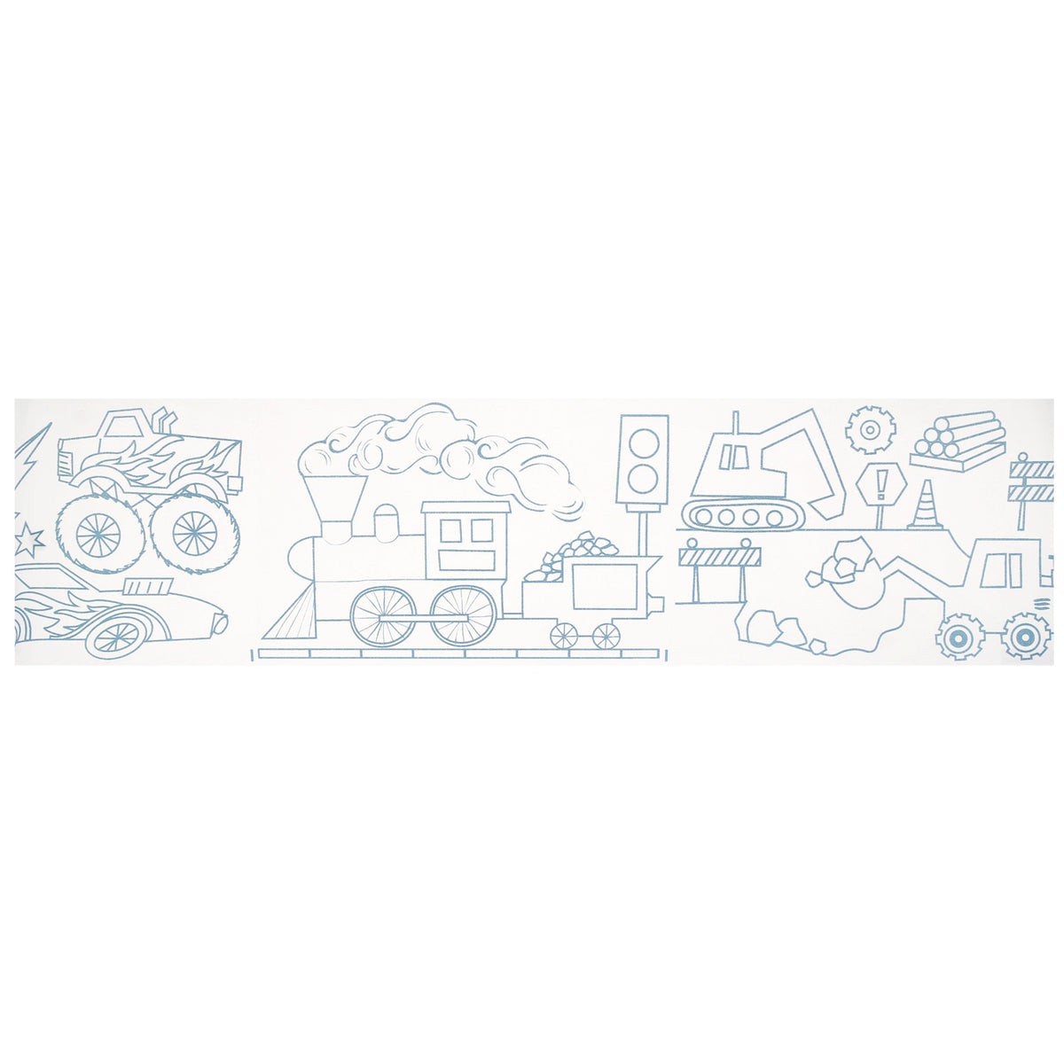 Construction coloring roll with illustrations of a monster truck, steam train, and excavator in blue outline on white.