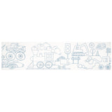 Construction coloring roll with illustrations of a monster truck, steam train, and excavator in blue outline on white.