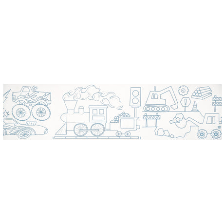 Construction coloring roll with illustrations of a monster truck, steam train, and excavator in blue outline on white.