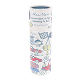 Meri Meri Construction & Cars Colouring In Roll in a white tube featuring illustrations of race cars, trucks, and flags.