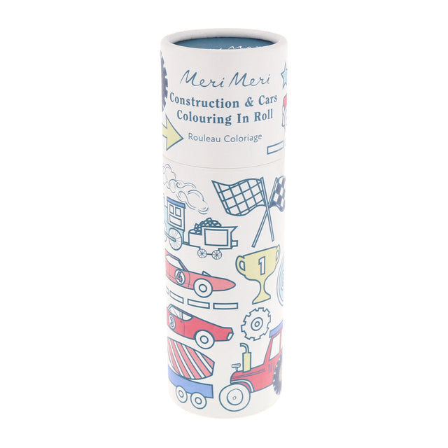 Meri Meri Construction & Cars Colouring In Roll in a white tube featuring illustrations of race cars, trucks, and flags.