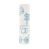 Meri Meri construction vehicles coloring roll for kids featuring blue outlines of trucks and signs on a white paper roll.