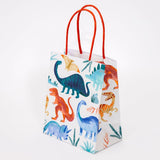 A dinosaur-themed party gift bag with bright orange handles, featuring watercolor illustrations of dinosaurs.