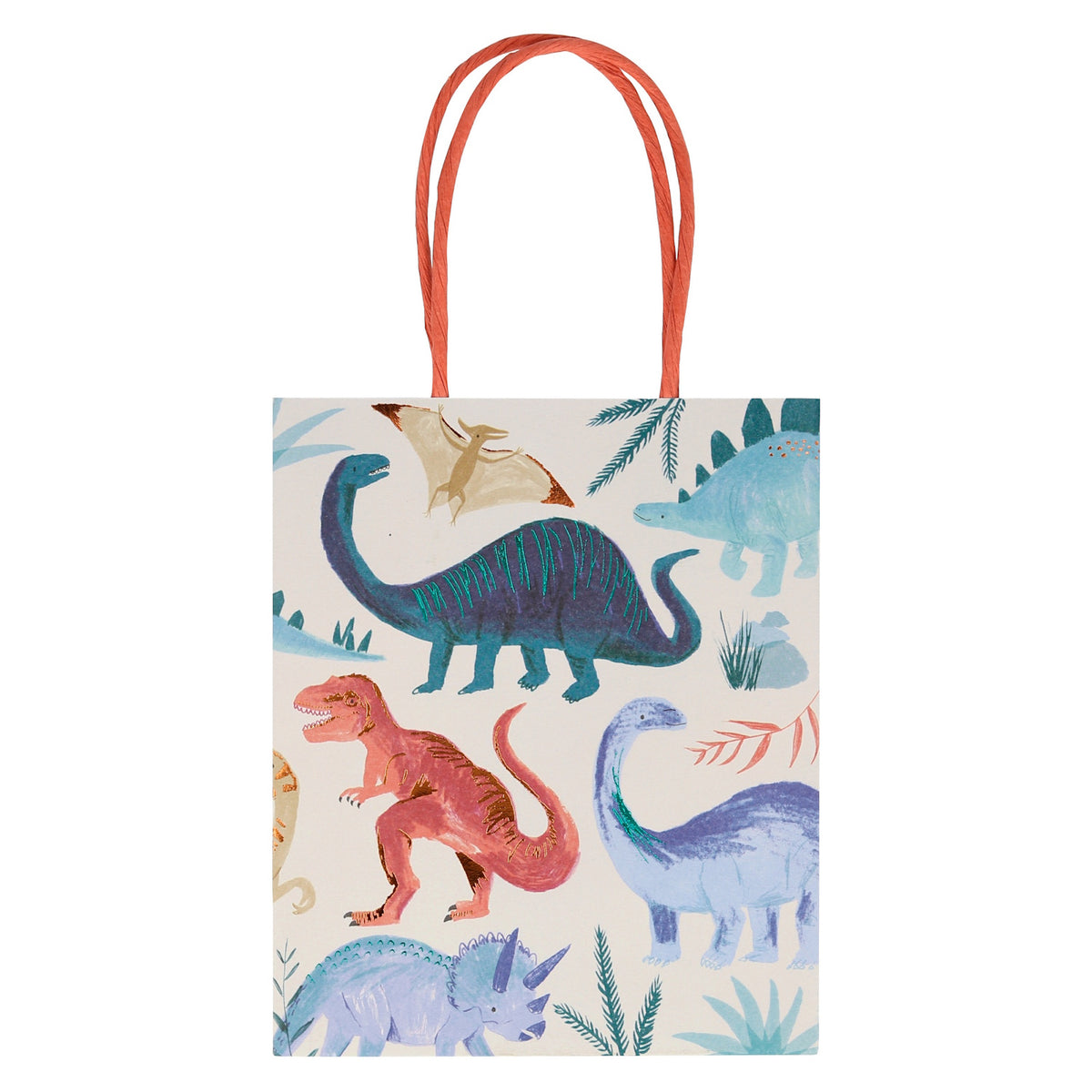 Meri Meri Dinosaur Kingdom party bag with colorful dinosaur illustrations, copper handles, and shiny foil details.