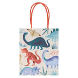 Meri Meri Dinosaur Kingdom party bag with colorful dinosaur illustrations, copper handles, and shiny foil details.