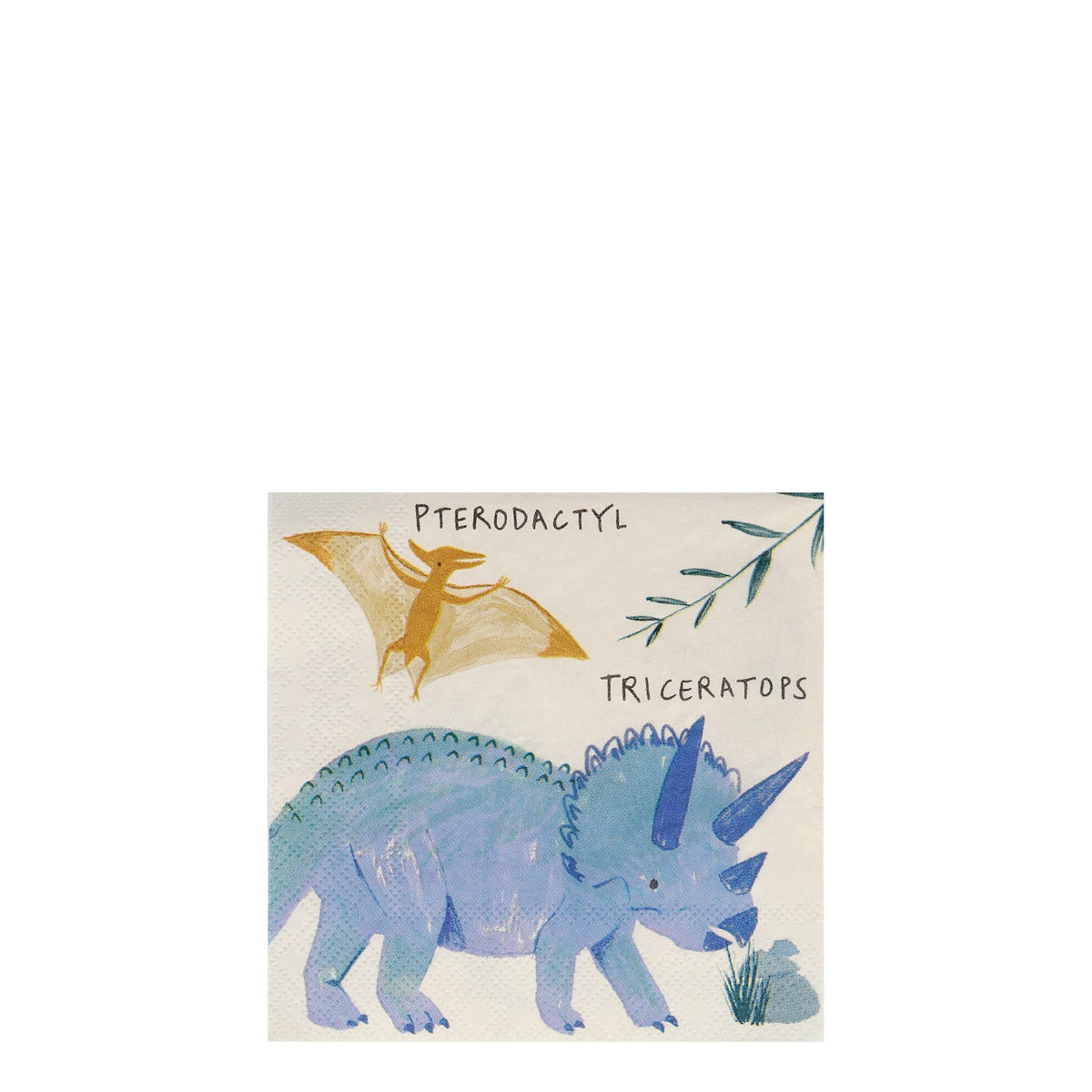 Meri Meri Dinosaur Kingdom napkin featuring a blue Triceratops and gold Pterodactyl with copper foil details.