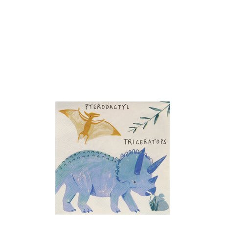 Meri Meri Dinosaur Kingdom napkin featuring a blue Triceratops and gold Pterodactyl with copper foil details.