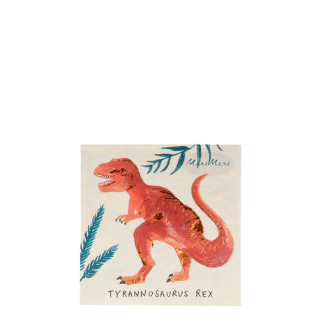 Meri Meri Dinosaur Kingdom napkin featuring a Tyrannosaurus Rex illustration with gold foil details for party tableware.