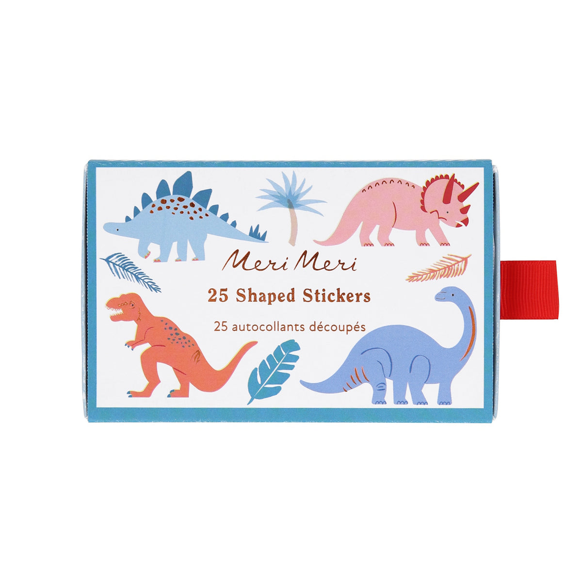 Meri Meri dinosaur shaped stickers box featuring colorful illustrations of a T-Rex, Stegosaurus, and Triceratops.
