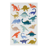 Colorful dinosaur temporary tattoo sheet for kids featuring various species like T-Rex and Triceratops with gold foil.