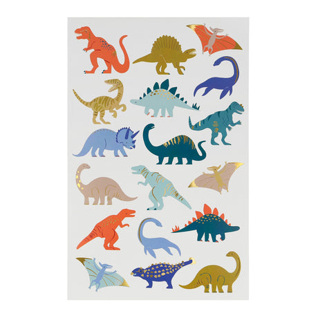 Colorful dinosaur temporary tattoo sheet for kids featuring various species like T-Rex and Triceratops with gold foil.