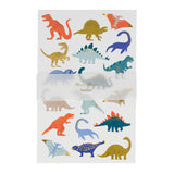 Meri Meri dinosaur temporary tattoos for kids featuring colorful illustrations and gold foil details on two sheets.