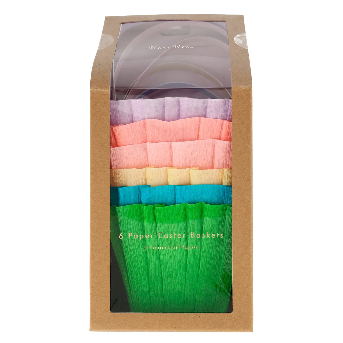Pack of 6 colorful Meri Meri ruffled crepe paper Easter baskets in a brown window box for party favors and spring decor.