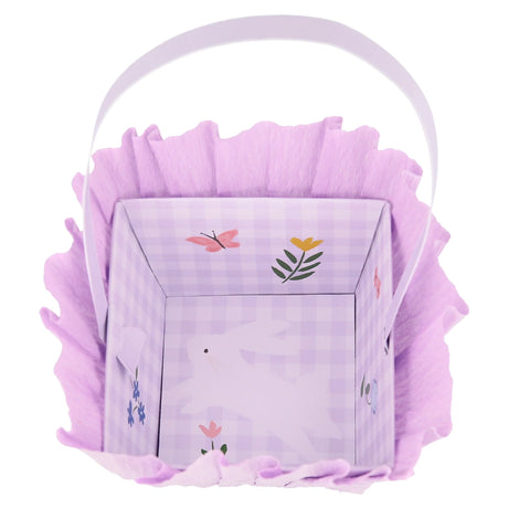 Purple gingham Easter basket with crepe paper trim, featuring a white bunny, butterfly, and flower illustrations.