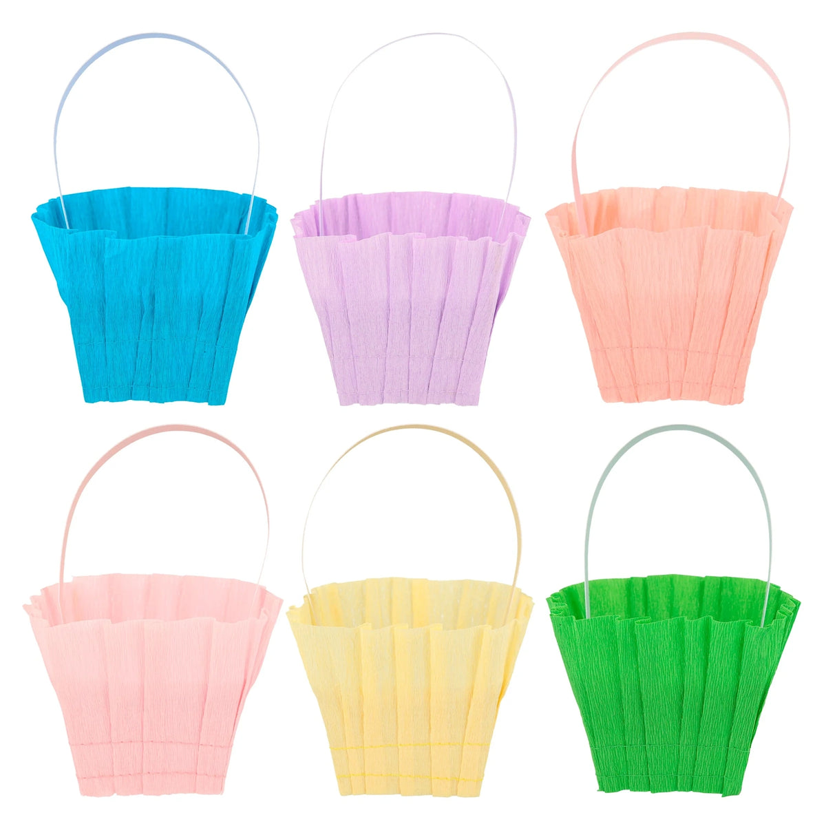 Set of six colorful Meri Meri crepe paper Easter baskets in pastel blue, purple, peach, pink, yellow, and green.