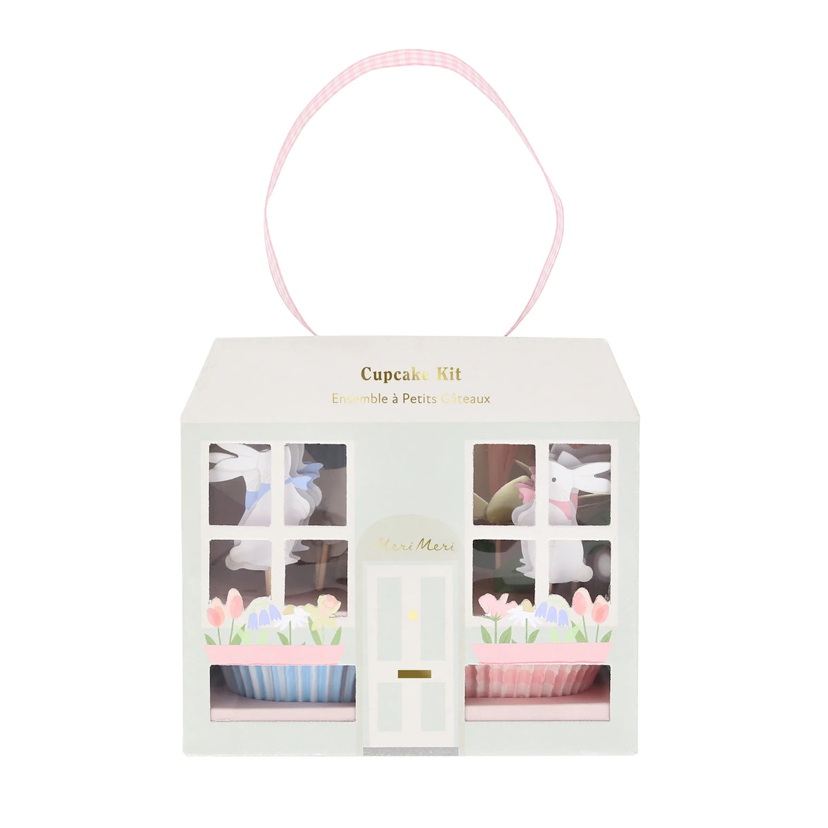 Meri Meri Easter cottage cupcake kit packaging featuring a house shape with bunny toppers and floral window boxes.