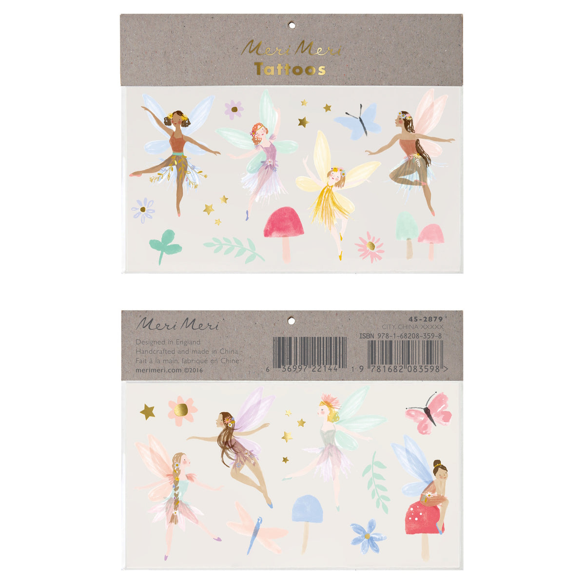 Meri Meri fairy large temporary tattoos featuring whimsical illustrated fairies, butterflies, and colorful mushrooms.