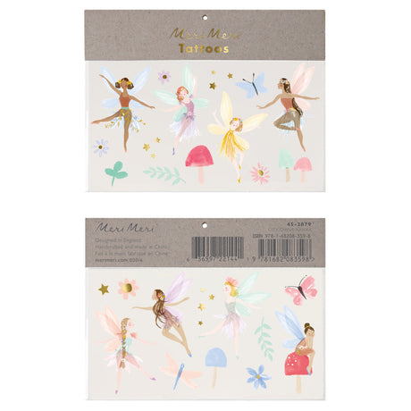 Meri Meri fairy large temporary tattoos featuring whimsical illustrated fairies, butterflies, and colorful mushrooms.