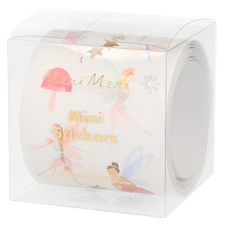 Meri Meri fairy mini stickers roll in clear packaging featuring whimsical fairy and mushroom illustrations.